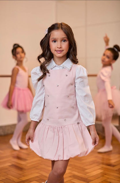 Vestido Infantil Ballet Com Cristais Rosa Com Camisa Gola Cristais Branca - Gabriela Aquarela
