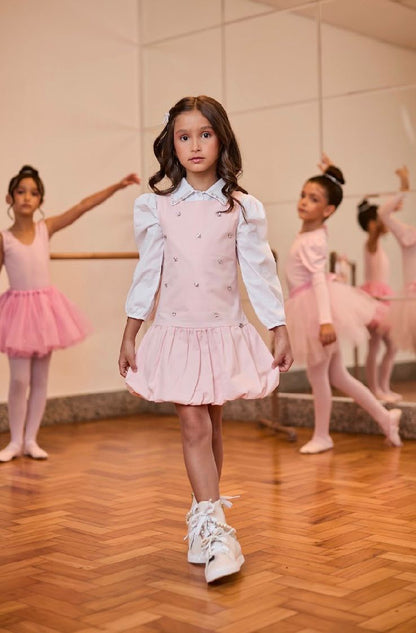 Vestido Infantil Ballet Com Cristais Rosa Com Camisa Gola Cristais Branca - Gabriela Aquarela