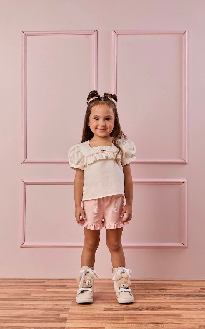 Conjunto Infantil Short Bailarinas E Blusa Bata Em Tricoline Off White - Gabriela Aquarela