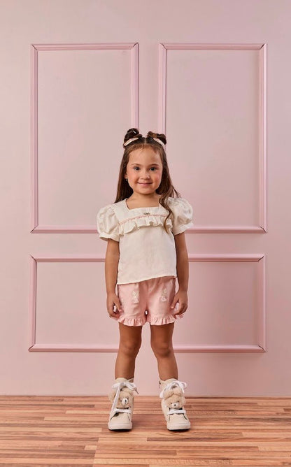 Conjunto Infantil Short Bailarinas E Blusa Bata Em Tricoline Off White - Gabriela Aquarela