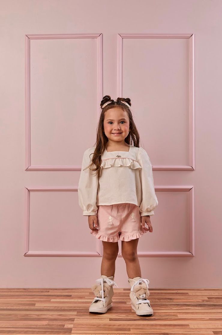 Conjunto Infantil Short Bailarinas E Blusa Bata Em Tricoline Off White - Gabriela Aquarela