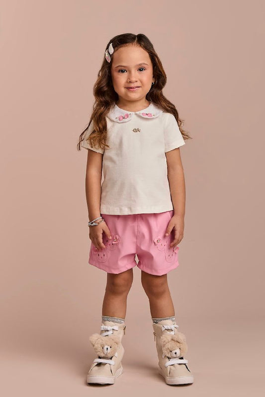 Conjunto Infantil Short Bordado Ursinhos E Blusa Gola Com Detalhes Off White - Gabriela Aquarela