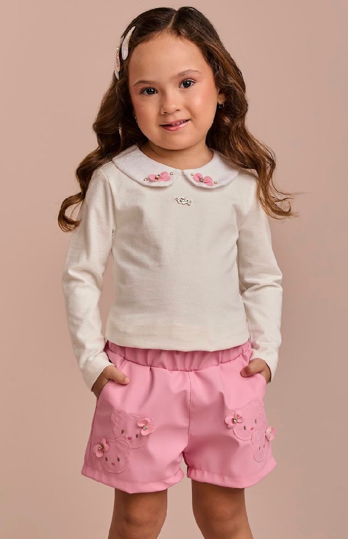 Conjunto Infantil Short Bordado Ursinhos E Blusa Gola Com Detalhes Off White - Gabriela Aquarela