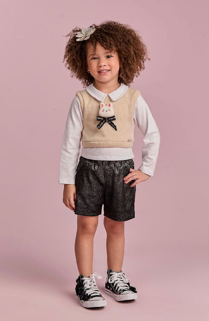 Conjunto Infantil Short  Preto Com Brilho E Pullover Tricot Com Falsa Camisa Bege- Gabriela Aquarela