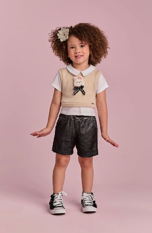 Conjunto Infantil Short  Preto Com Brilho E Pullover Tricot Com Falsa Camisa Bege- Gabriela Aquarela