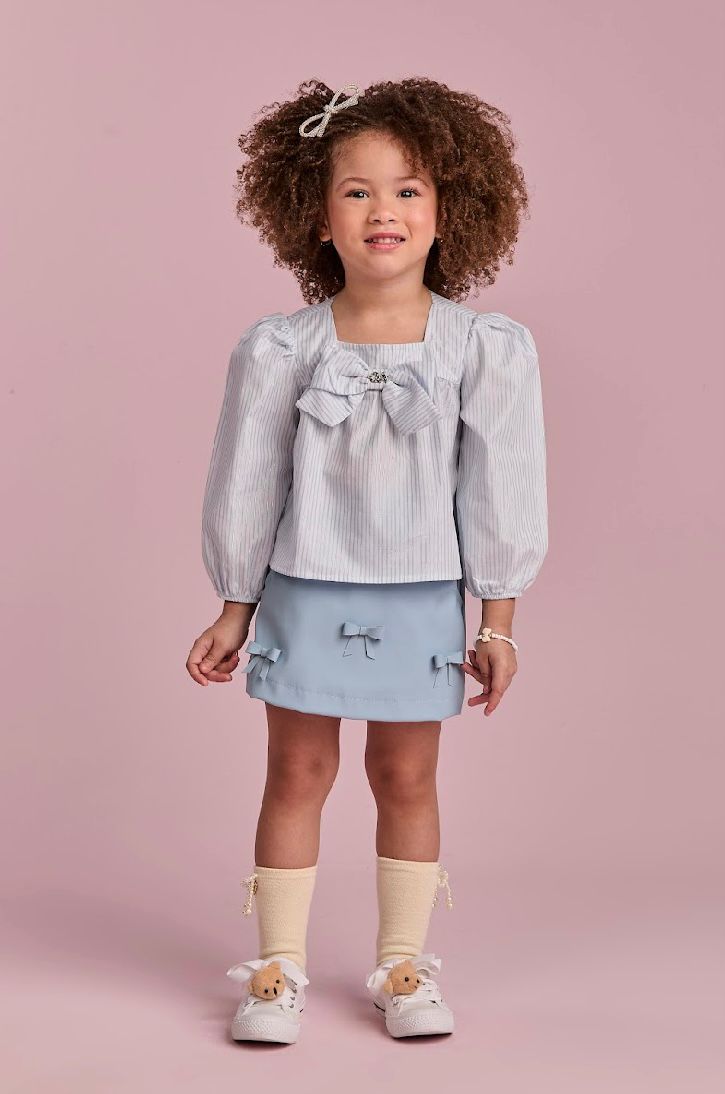 Conjunto Infantil Saia Like Leather Com Lacinhos E Blusa Listrada Azul - Gabriela Aquarela