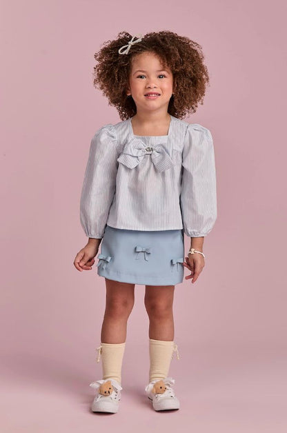 Conjunto Infantil Saia Like Leather Com Lacinhos E Blusa Listrada Azul - Gabriela Aquarela