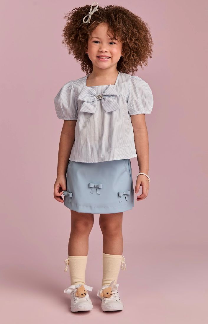 Conjunto Infantil Saia Like Leather Com Lacinhos E Blusa Listrada Azul - Gabriela Aquarela