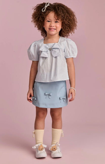 Conjunto Infantil Saia Like Leather Com Lacinhos E Blusa Listrada Azul - Gabriela Aquarela