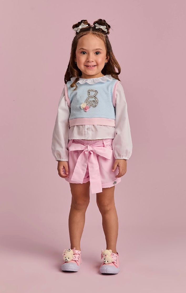 Conjunto Infantil Short Rosa E Blusa Azul  Ursinho Cristal - Gabriela Aquarela