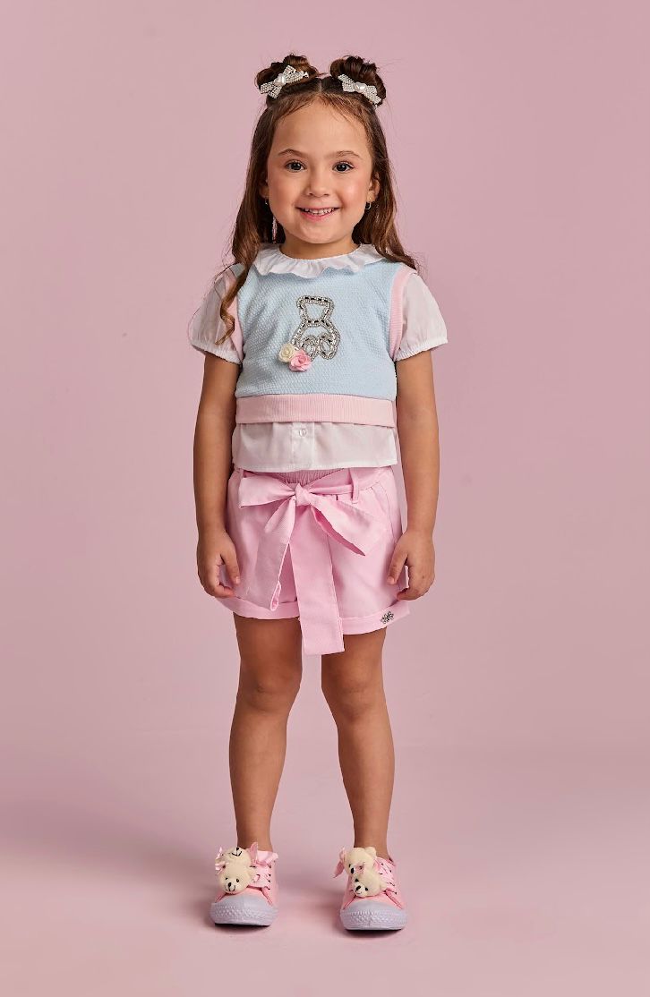 Conjunto Infantil Short Rosa E Blusa Azul  Ursinho Cristal - Gabriela Aquarela