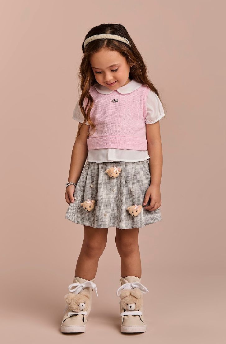 Conjunto Infantil Saia Short Pouple Ursinhos E Blusa Tricot Rosa - Gabriela Aquarela