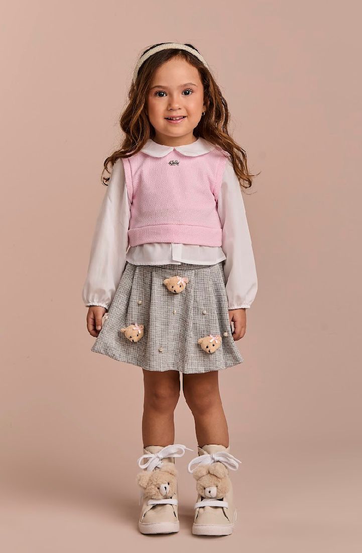 Conjunto Infantil Saia Short Pouple Ursinhos E Blusa Tricot Rosa - Gabriela Aquarela