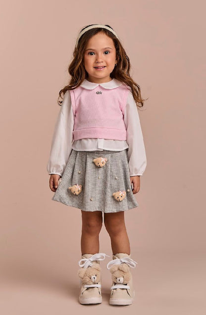 Conjunto Infantil Saia Short Pouple Ursinhos E Blusa Tricot Rosa - Gabriela Aquarela