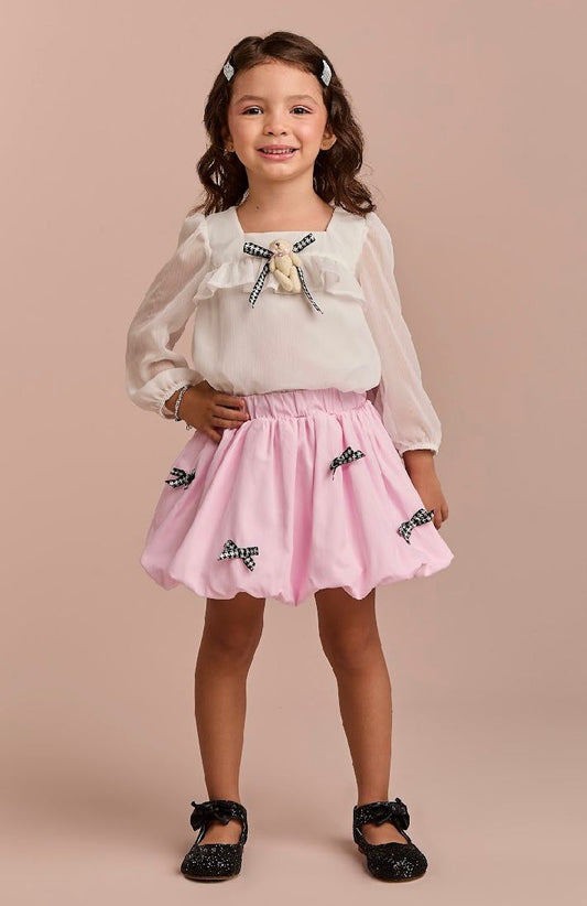 Conjunto Infantil Saia Balonê Rosa Com Lacinhos E Blusa Off Ursinho - Gabriela Aquarela