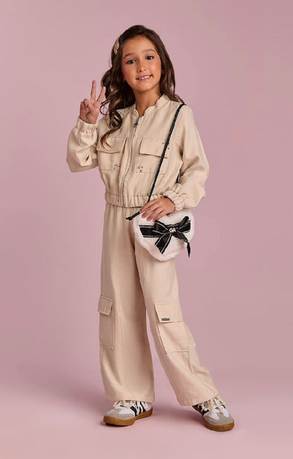 Conjunto Infantil Calça Cargo E Bomber Alfaiataria Bege - Gabriela Aquarela