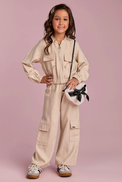 Conjunto Infantil Calça Cargo E Bomber Alfaiataria Bege - Gabriela Aquarela