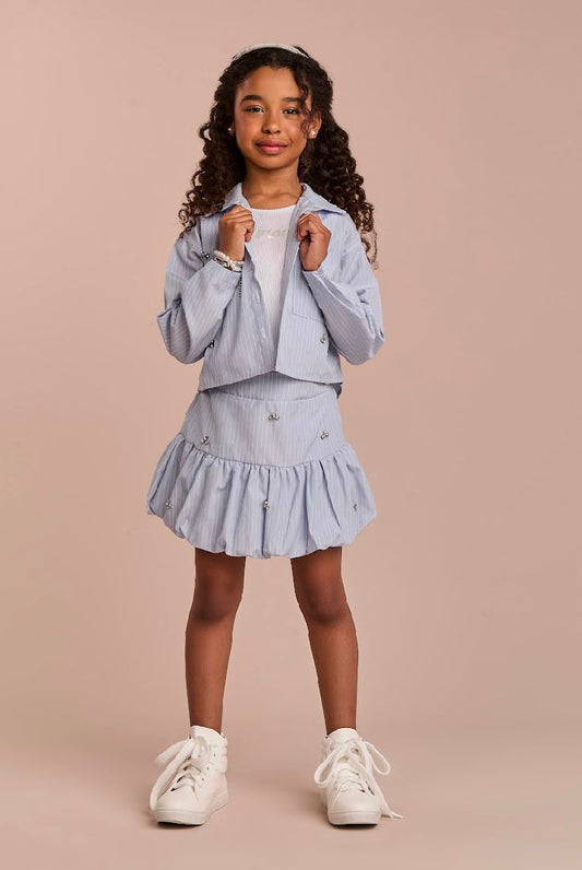 Conjunto Infantil  Saia Com Detalhes  Camisa Listrada Blusa Branca - Gabriela Aquarela