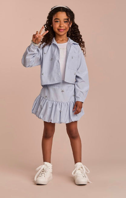 Conjunto Infantil  Saia Com Detalhes  Camisa Listrada Blusa Branca - Gabriela Aquarela