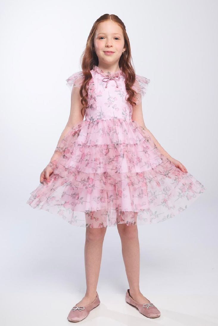 Vestido Infantil Festa Princesa Tule Floral Rodado Rosa - Luluzinha