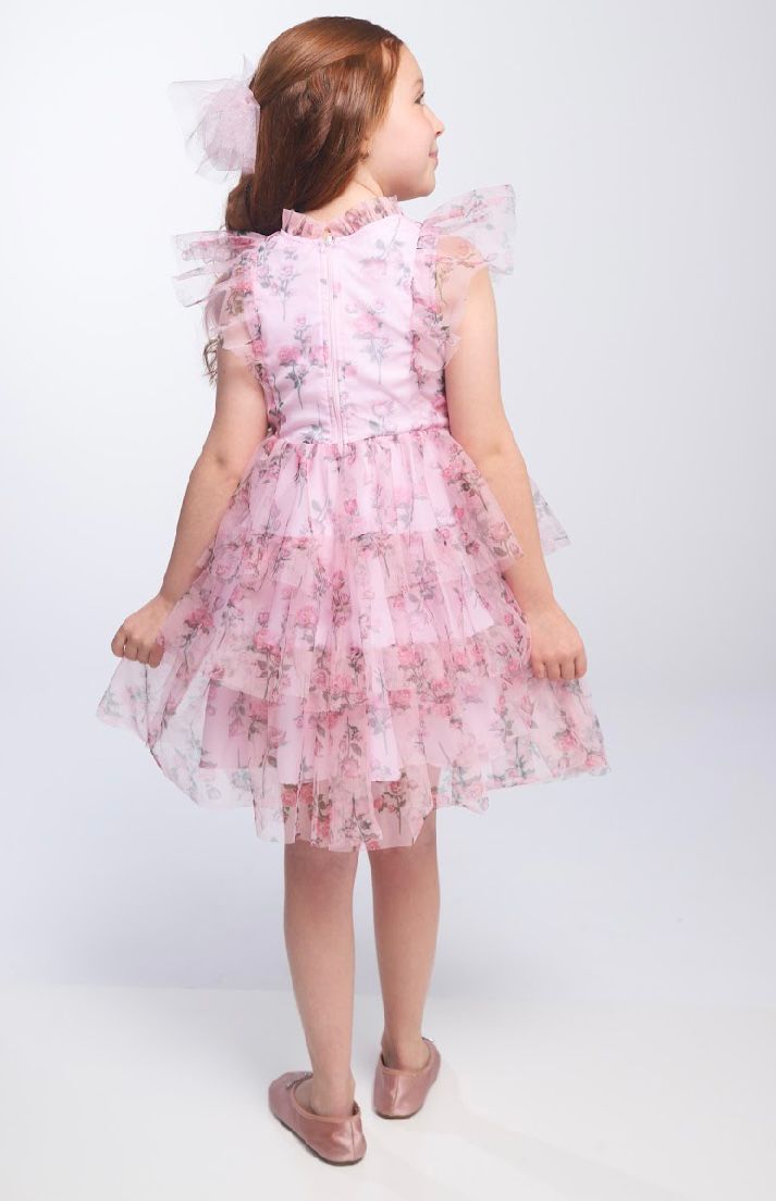 Vestido Infantil Festa Princesa Tule Floral Rodado Rosa - Luluzinha