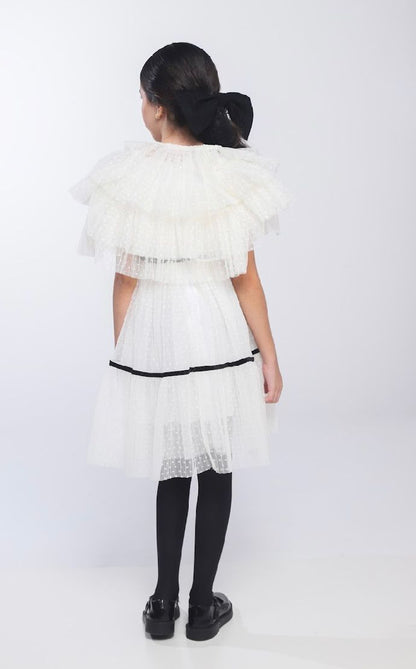 Vestido Infantil Conceito Tule Poá Rodado Aplicações e Laço Veludo Off White - Luluzinha