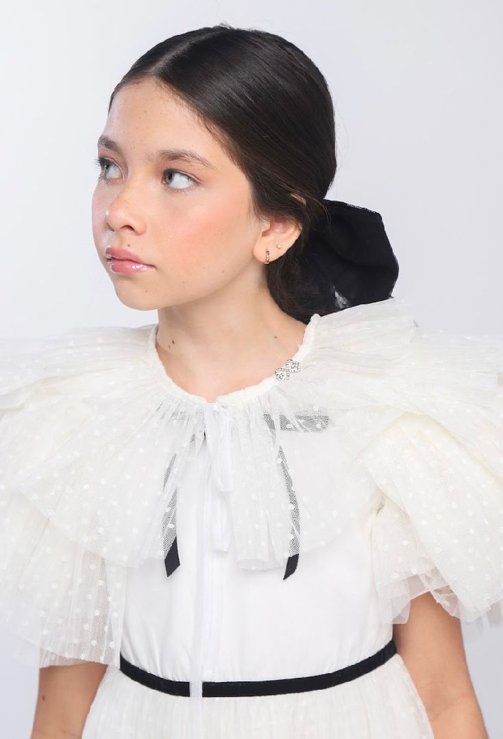 Vestido Infantil Conceito Tule Poá Rodado Aplicações e Laço Veludo Off White - Luluzinha
