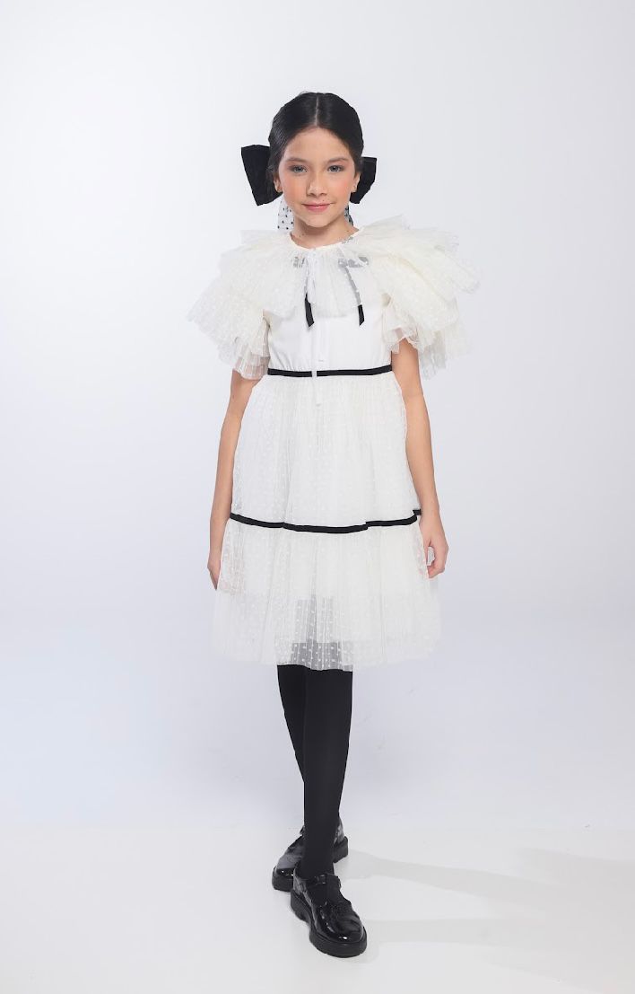 Vestido Infantil Conceito Tule Poá Rodado Aplicações e Laço Veludo Off White - Luluzinha