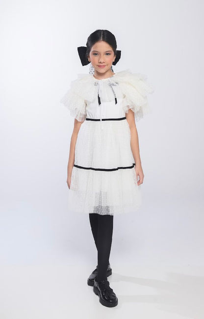 Vestido Infantil Conceito Tule Poá Rodado Aplicações e Laço Veludo Off White - Luluzinha