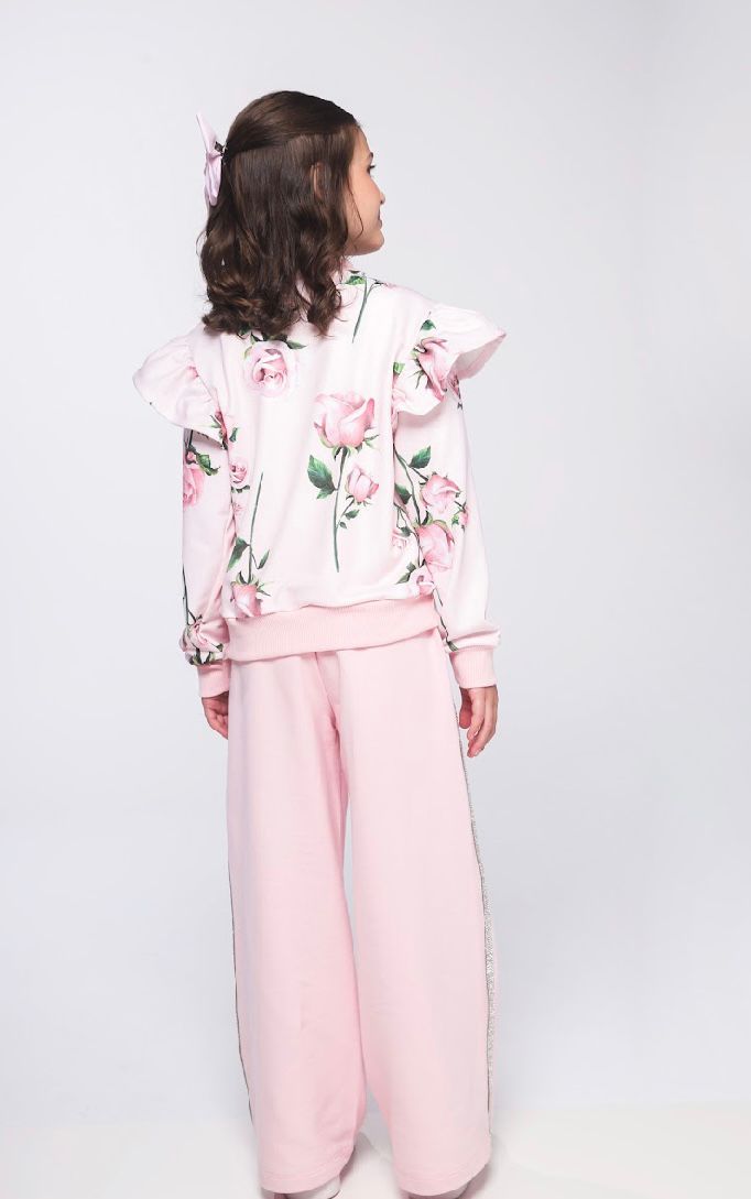 Conjunto Infantil Casaco Moletom Floral Babados e Calça Wide Leg Lateral Glitter Rosa - Luluzinha
