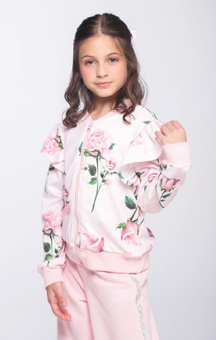 Conjunto Infantil Casaco Moletom Floral Babados e Calça Wide Leg Lateral Glitter Rosa - Luluzinha