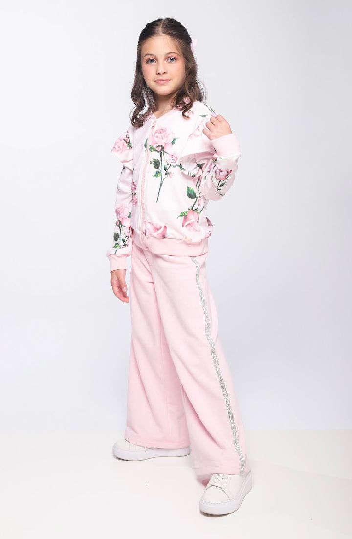 Conjunto Infantil Casaco Moletom Floral Babados e Calça Wide Leg Lateral Glitter Rosa - Luluzinha