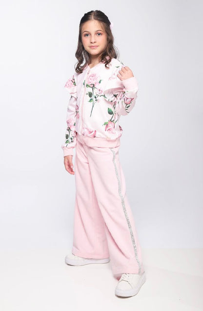 Conjunto Infantil Casaco Moletom Floral Babados e Calça Wide Leg Lateral Glitter Rosa - Luluzinha