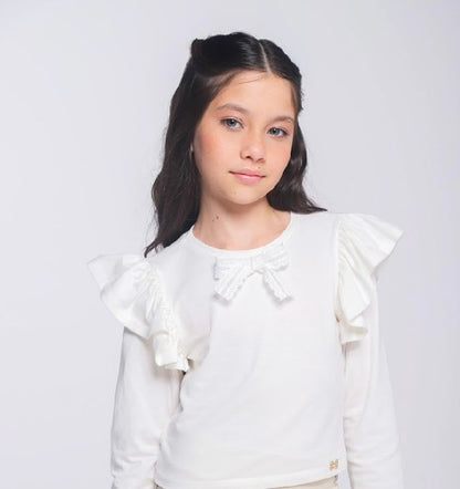 Conjunto Infantil Blusa ML Laço e Saia-shorts Jeans Pochete Laço Pérolas - Luluzinha