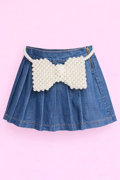 Conjunto Infantil Blusa ML Laço e Saia-shorts Jeans Pochete Laço Pérolas - Luluzinha