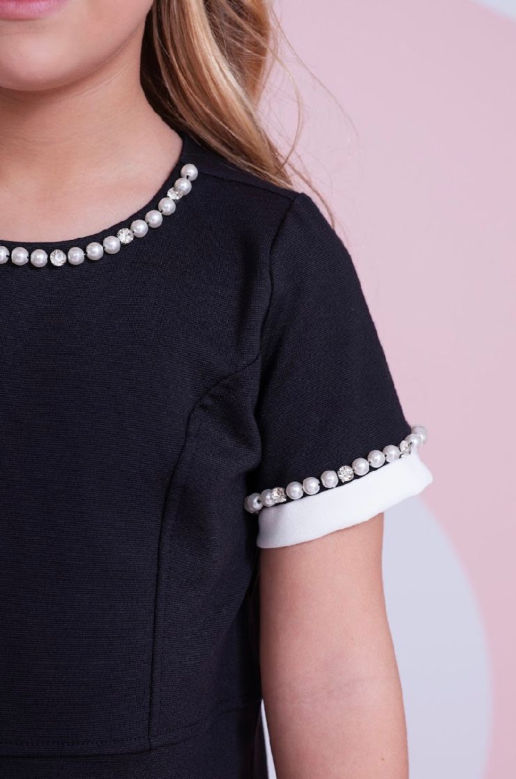 Vestido Infantil Ponto Roma Princesa Bordados Pérolas Preto - Pituchinhus