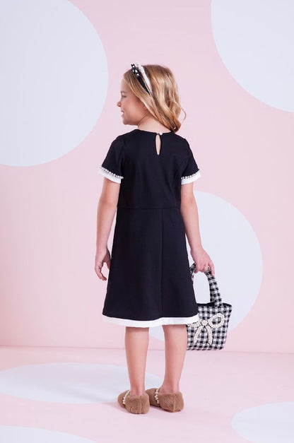 Vestido Infantil Ponto Roma Princesa Bordados Pérolas Preto - Pituchinhus