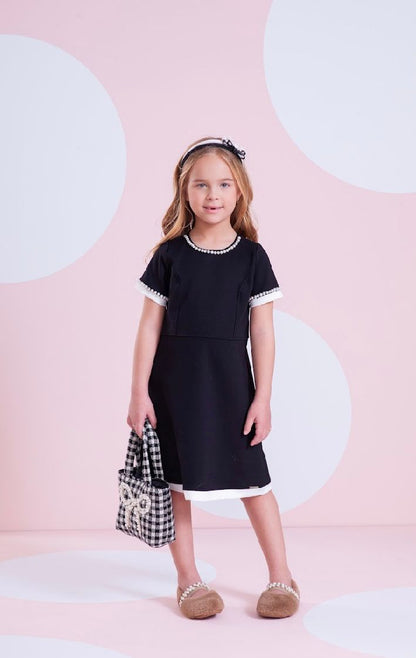 Vestido Infantil Ponto Roma Princesa Bordados Pérolas Preto - Pituchinhus