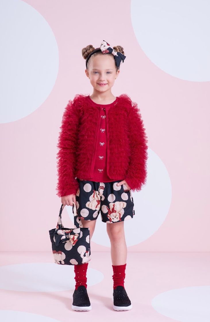 Conjunto Infantil Blusa Lacinhos Cristais Bala de Cereja e Shorts  Algodão Cachorrinhos & Lacinhos Preto - Pituchinhus