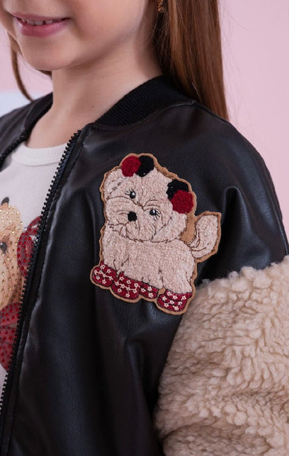 Conjunto Infantil Jaqueta Patches Couro Pele Carneirinho e Saia Evasê Couro Tech Preta - Pituchinhus