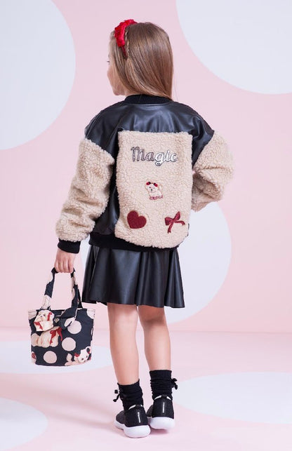 Conjunto Infantil Jaqueta Patches Couro Pele Carneirinho e Saia Evasê Couro Tech Preta - Pituchinhus