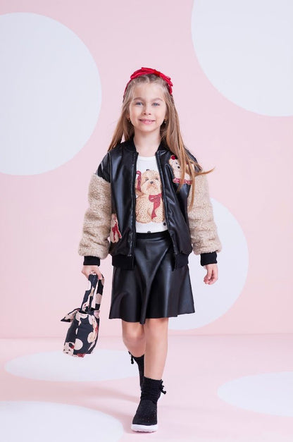 Conjunto Infantil Jaqueta Patches Couro Pele Carneirinho e Saia Evasê Couro Tech Preta - Pituchinhus