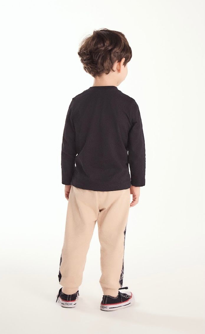 Conjunto Bebê Camiseta Algodão Ursinho Óculos Preta e Calça Moletom Bege - Um Mais Um