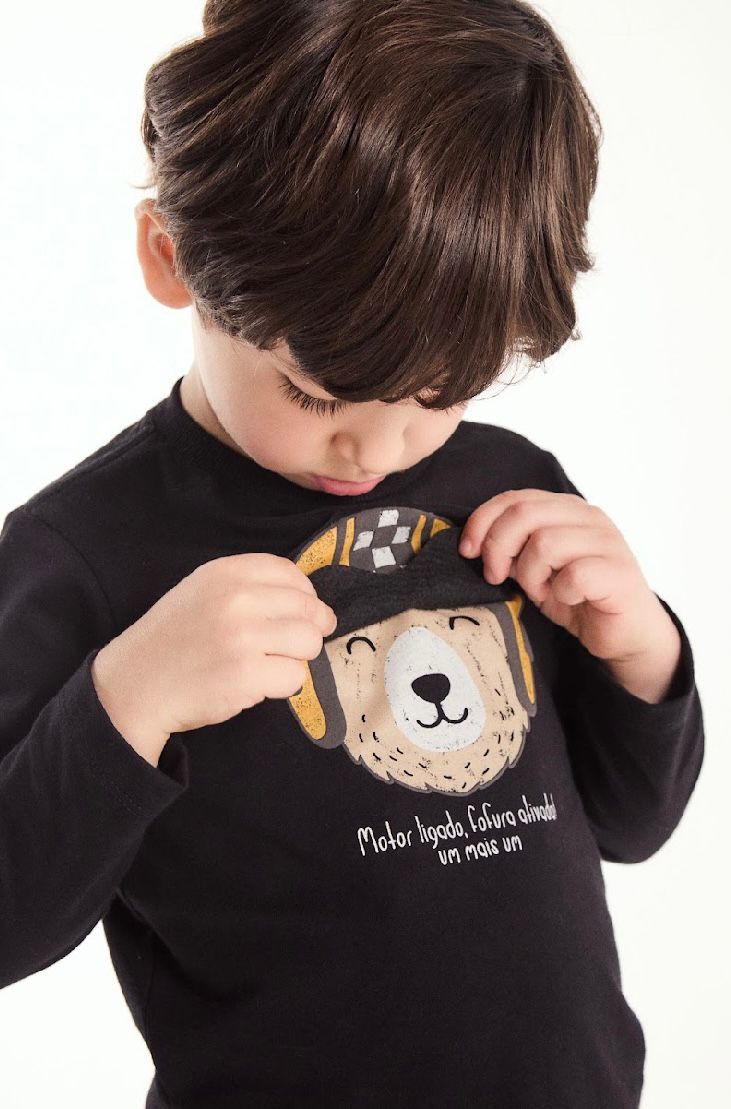 Conjunto Bebê Camiseta Algodão Ursinho Óculos Preta e Calça Moletom Bege - Um Mais Um