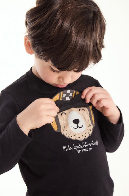 Conjunto Bebê Camiseta Algodão Ursinho Óculos Preta e Calça Moletom Bege - Um Mais Um