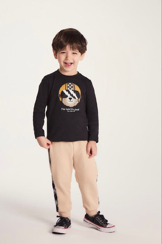 Conjunto Bebê Camiseta Algodão Ursinho Óculos Preta e Calça Moletom Bege - Um Mais Um