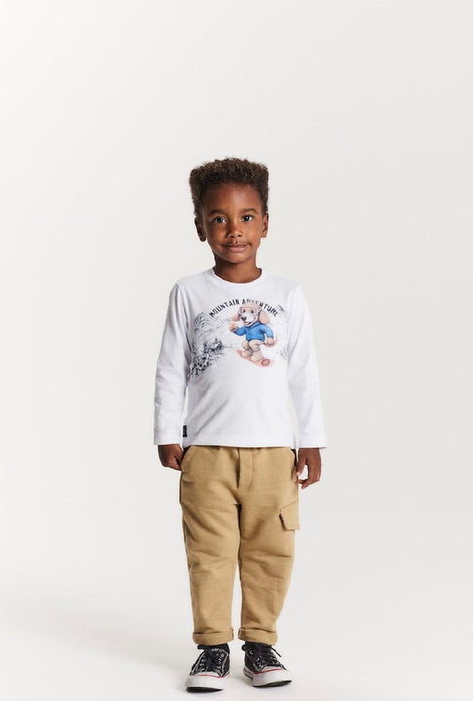 Conjunto Bebê Camiseta ML Ursinho Ski e Calça Moletom Cargo Bege - Um Mais Um