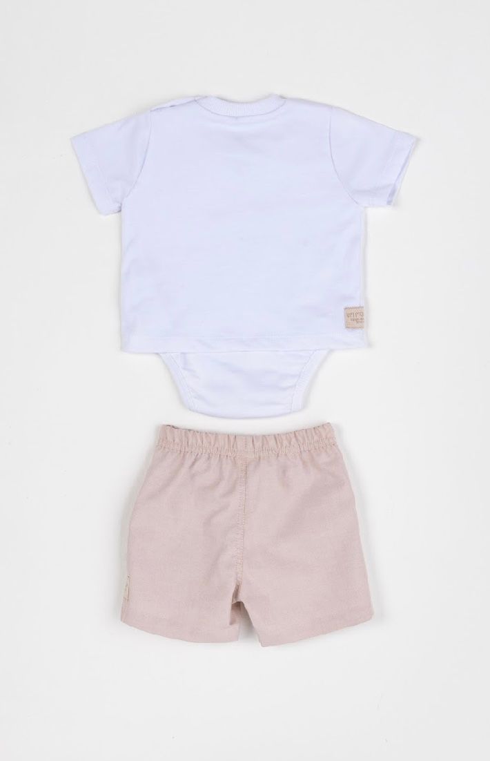 Conjunto Bebê Camiseta-Body Cachorrinho Futebol e Bermuda Bege - Um Mais Um