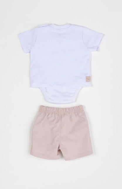 Conjunto Bebê Camiseta-Body Cachorrinho Futebol e Bermuda Bege - Um Mais Um