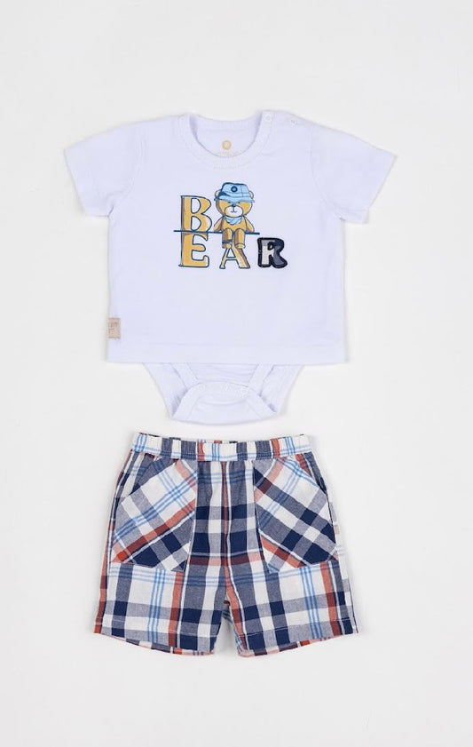 Conjunto Bebê Camiseta-Body Bear e Bermuda Xadrez Azul - Um Mais Um